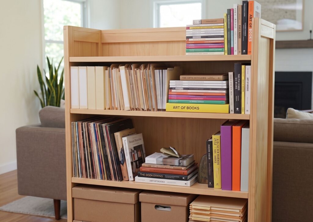 Transport de livres - Bac en bois sur roulettes
